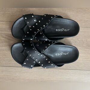 J/SLIDES Women's Black Crisscross Leather Studded Sandals Size 8